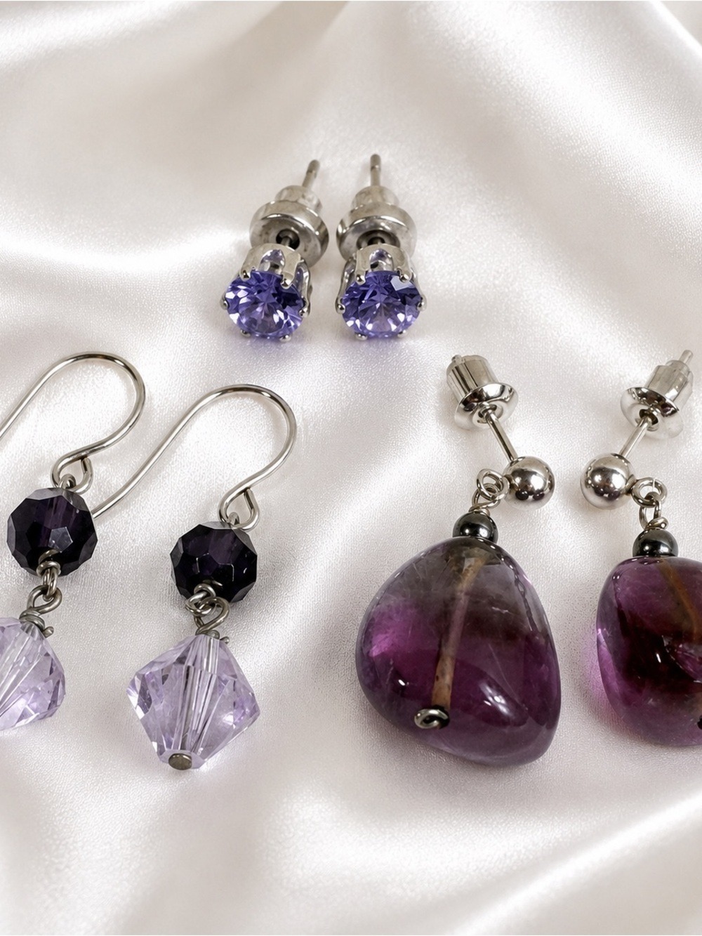 Purple Earrings Lot: Gemstone Bead Crystal Stud 3 Pairs